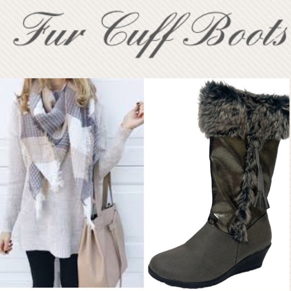 Metallic Gray Wedge Fur Cuff Rita Style Lace Up Zip Fashion Snow Boots - Picture 1 of 16